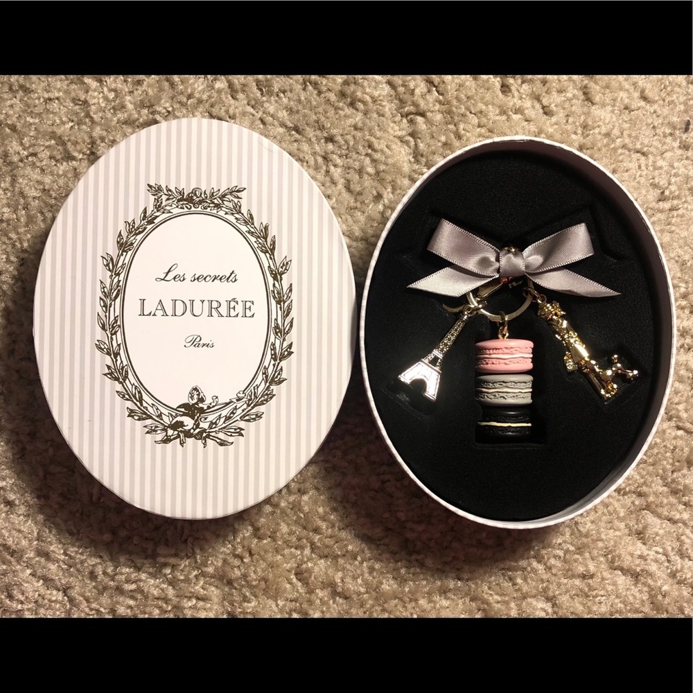 Ladurée Paris Macaron Keychain with Eiffel Tower Charms - Pink, Black, Gold